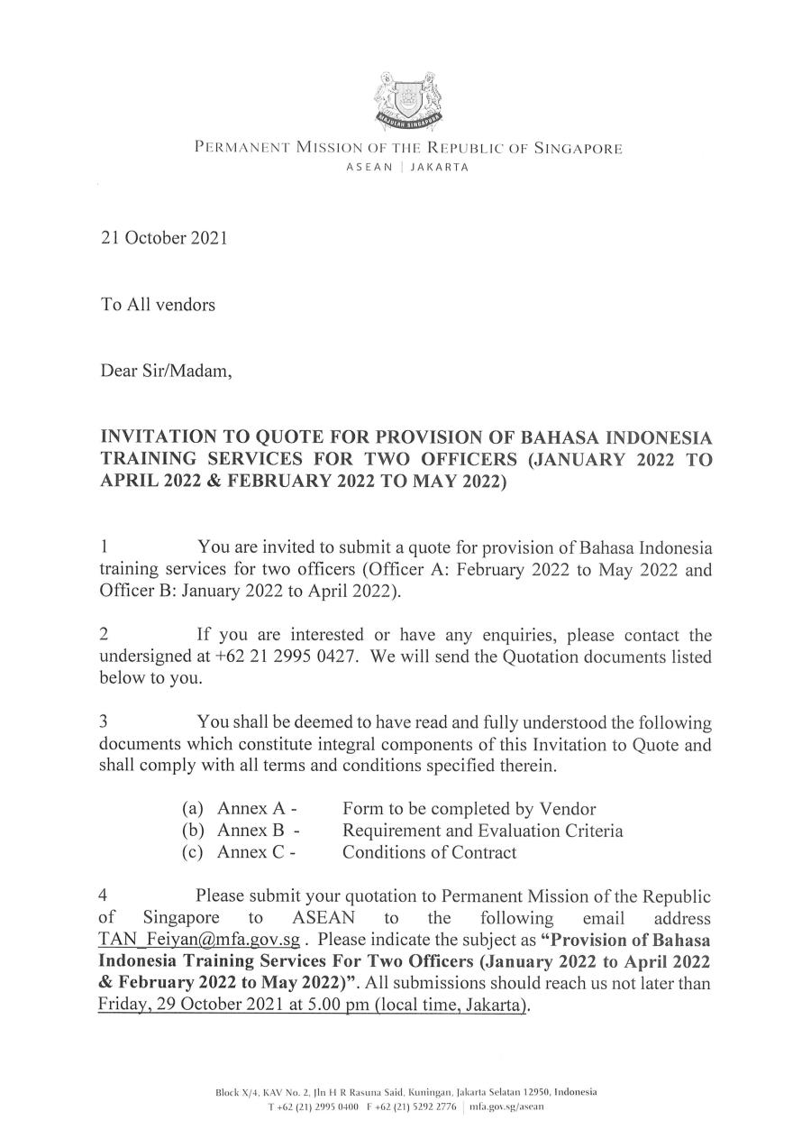 INVITATION TO QUOTE FOR PROVISION OF BAHASA INDONESIA TRAINING SERVICES FOR TWO OFFICERS JANUARY 202