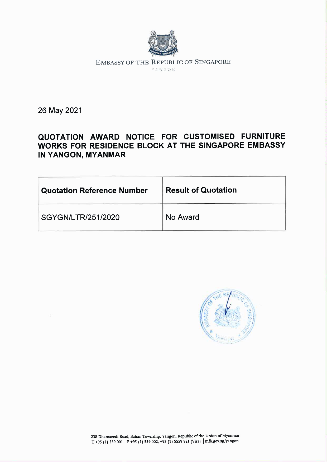 Award NoticeITQ for Customised Furniture Works for residence block No Awardpage0001
