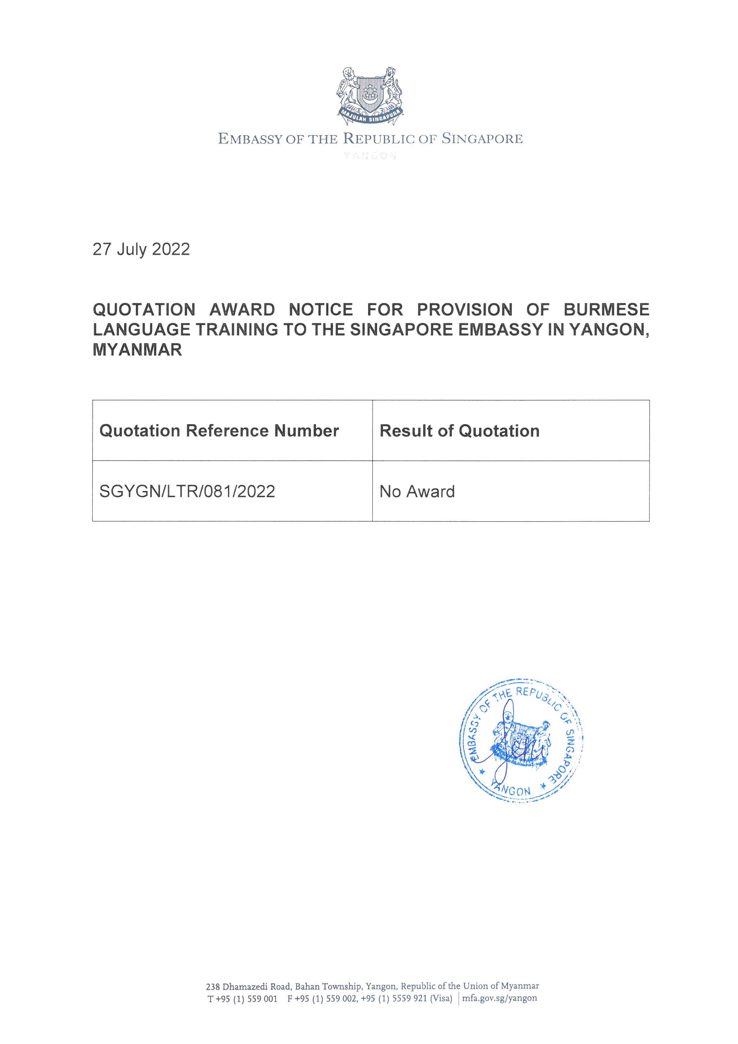 No award notice_ITQ for Burmese Language Training