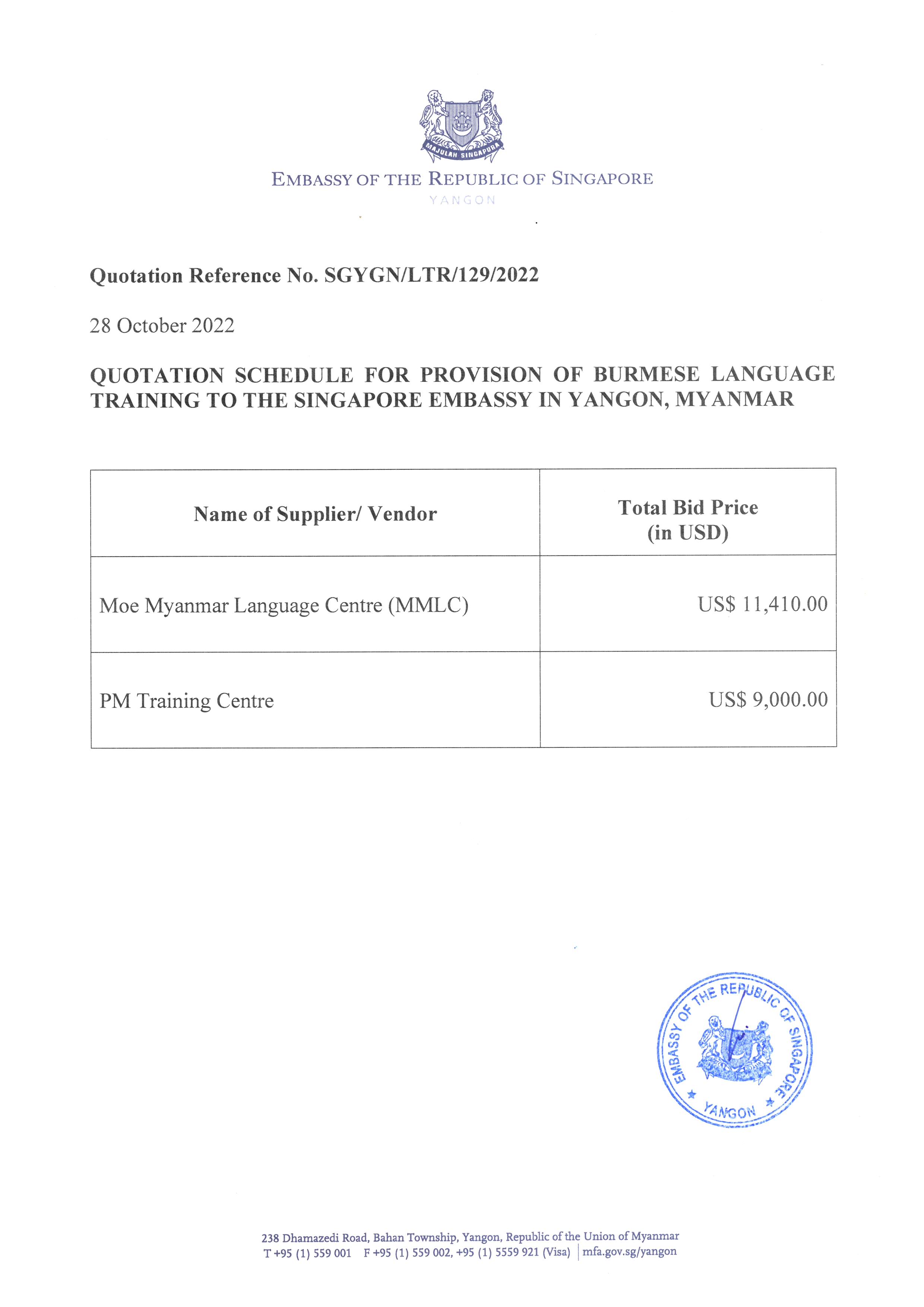 Schedule of Quotations Received-ITQ for Burmese Language Training