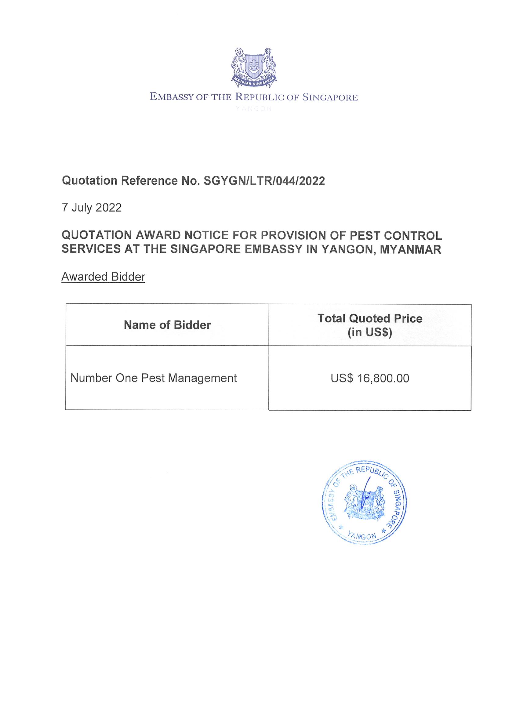 Pest Control ITQ - Award Notice