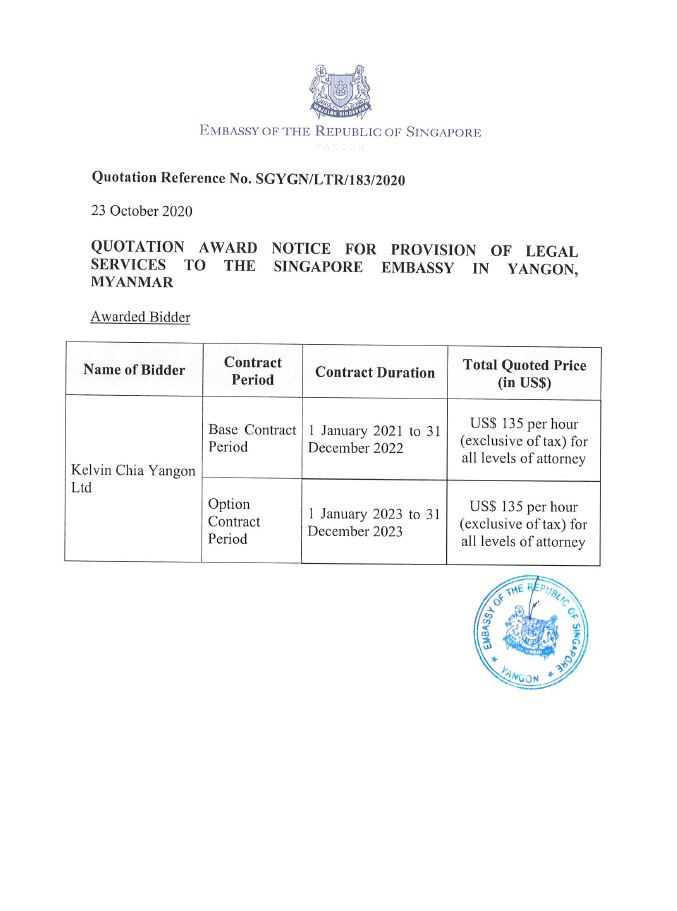 Award Notice - Legal Services to Embassy