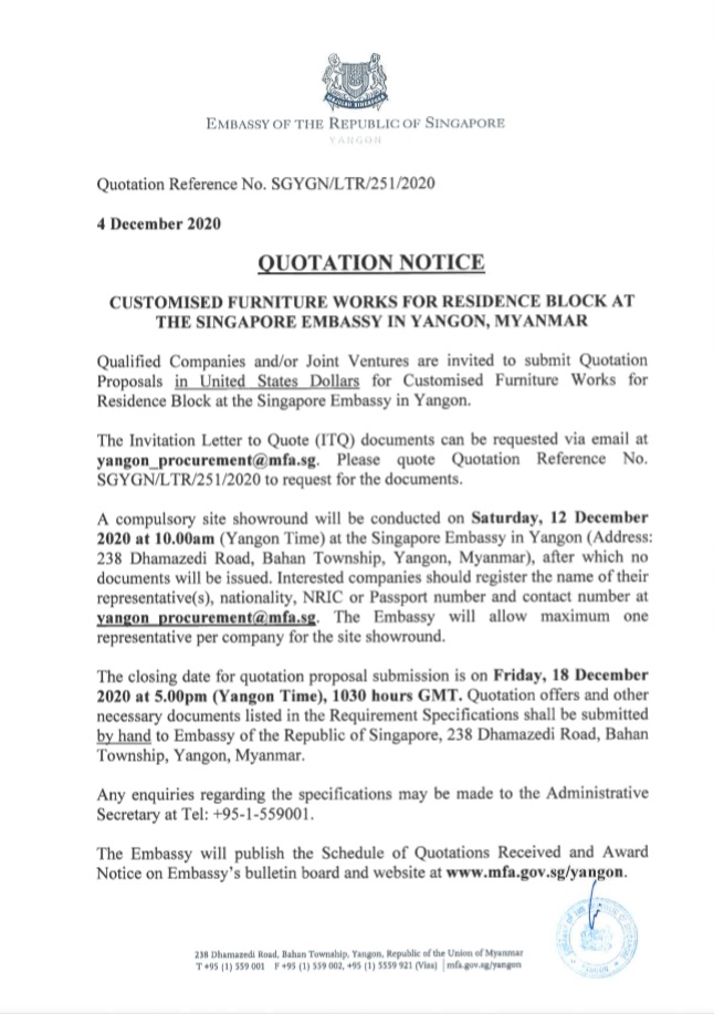 Quotation Notice for Furniture Works at Residence Block
