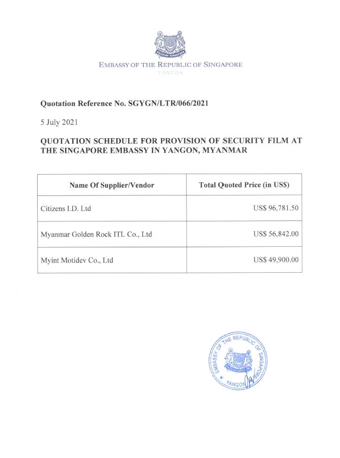 Quotation Schedule for Provision of Security Film