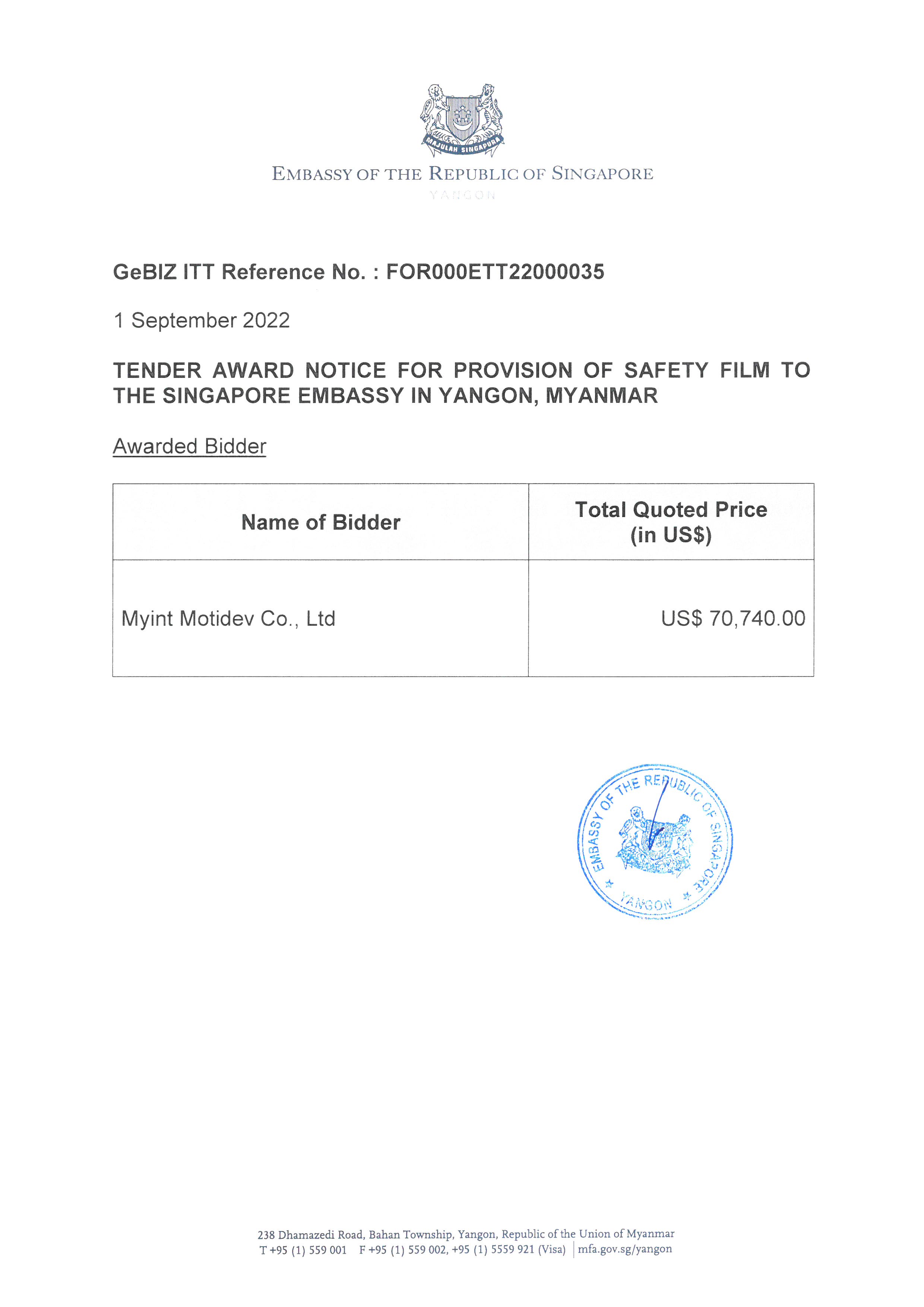 Award Notice_Provision of Safety Film ITT