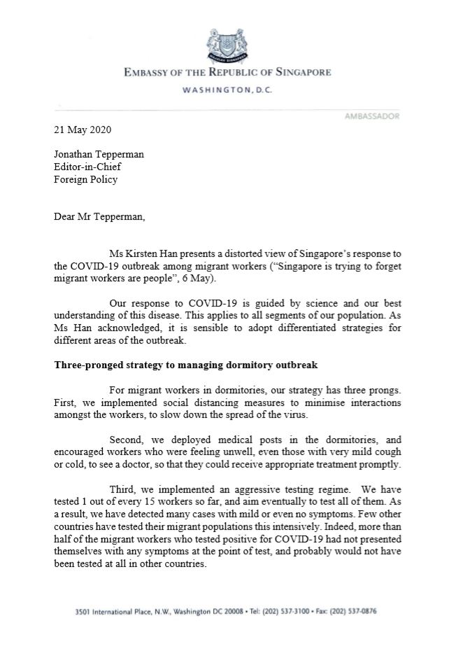 Ministry of Foreign Affairs Singapore - Letter to the ...